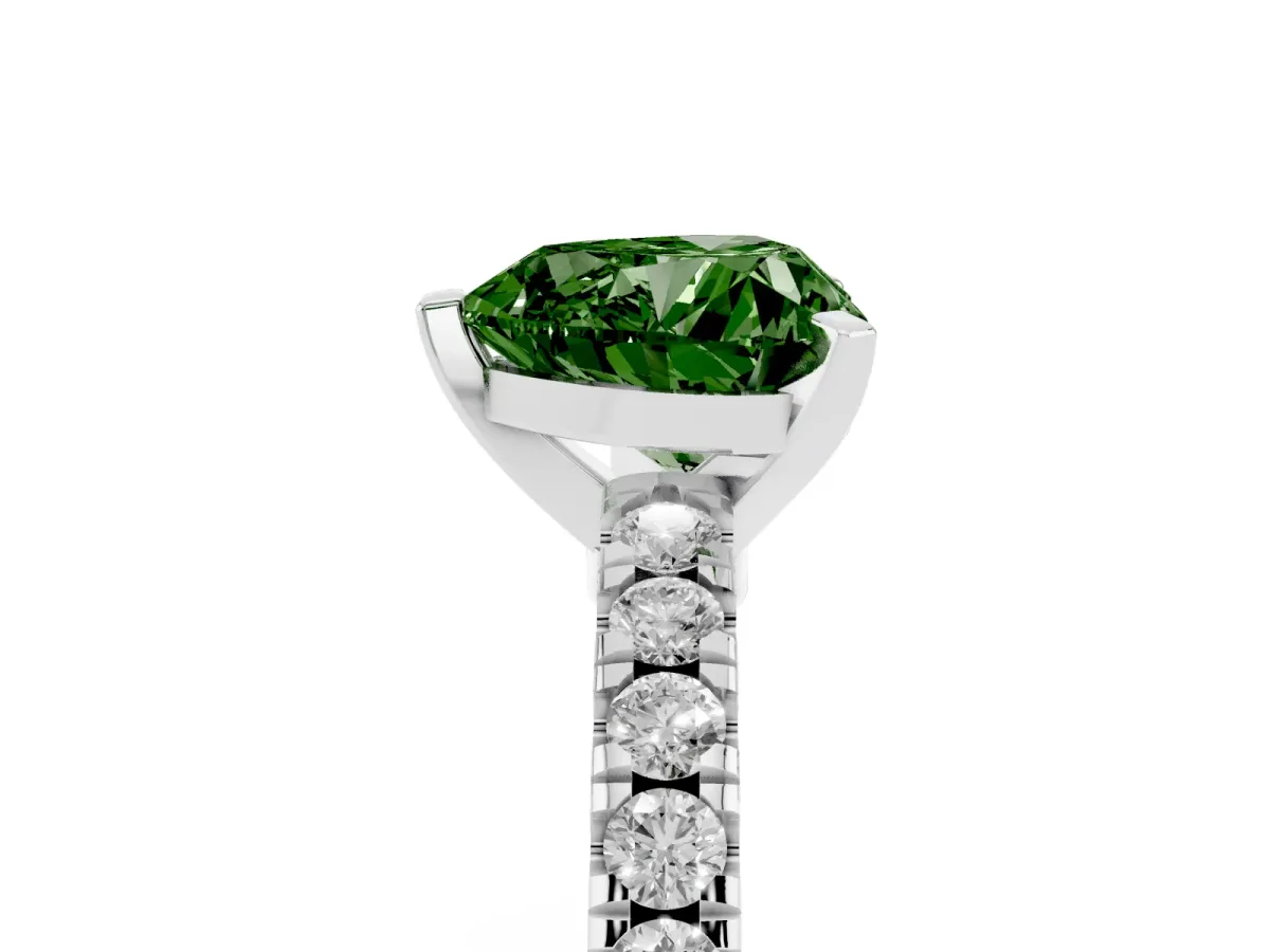 Fancy Green Heart Cut Solitaire Diamond with Pavé Band and Four-Prong Setting White gold