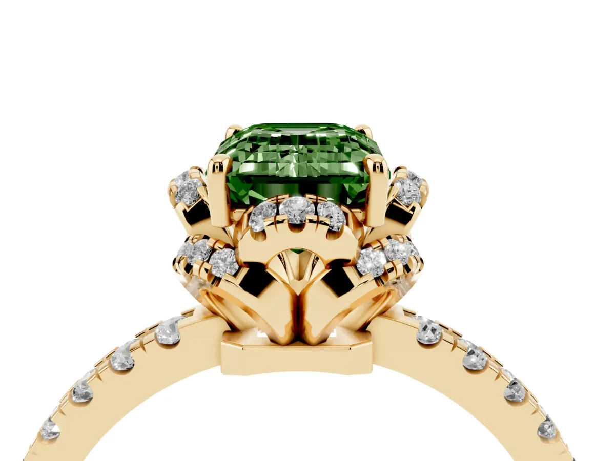 Fancy Green Emerald Cut Halo Diamond Pave Band Ring with Four-Prong Setting Yellow gold