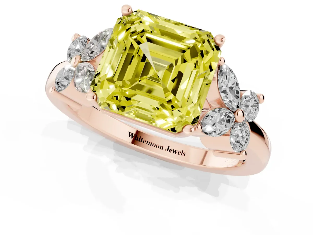 Fancy Yellow Asscher Cut Diamond Floral Cluster Ring with Solitaire Band and Prong Setting Rose gold
