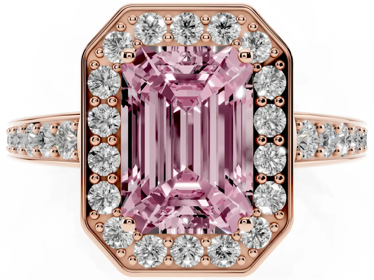 Fancy Pink Emerald Cut Halo Pavé Diamond Engagement Ring with Bezel Setting Rose gold