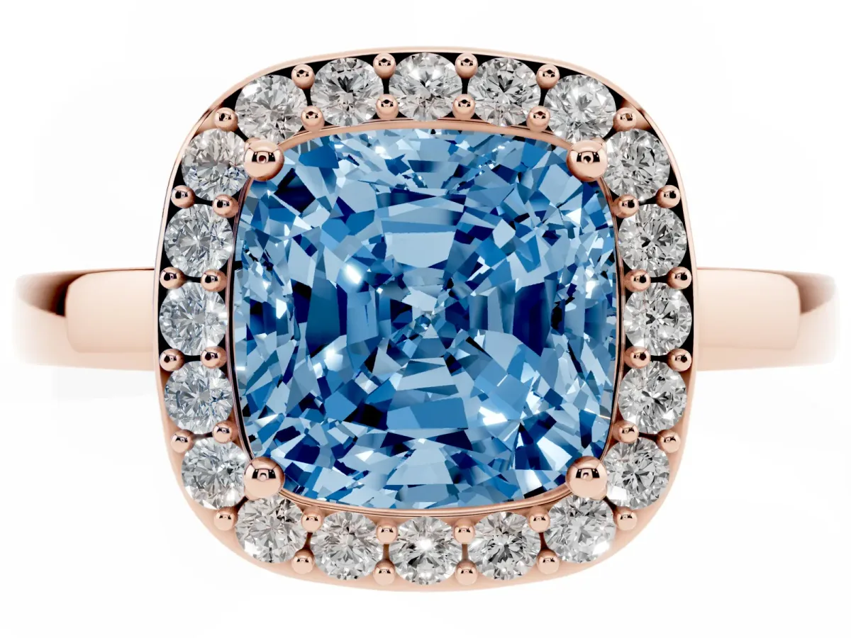 Fancy Blue Cushion Cut Halo Diamond Ring with Solitaire Band and Prong Setting Rose gold