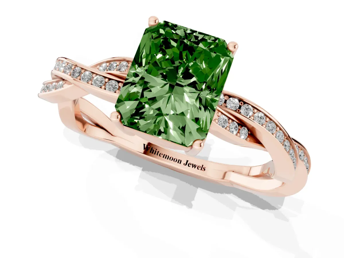 Fancy Green Radiant Cut Solitaire Twisted Pave Diamond Ring with Four-Prong Setting Rose gold