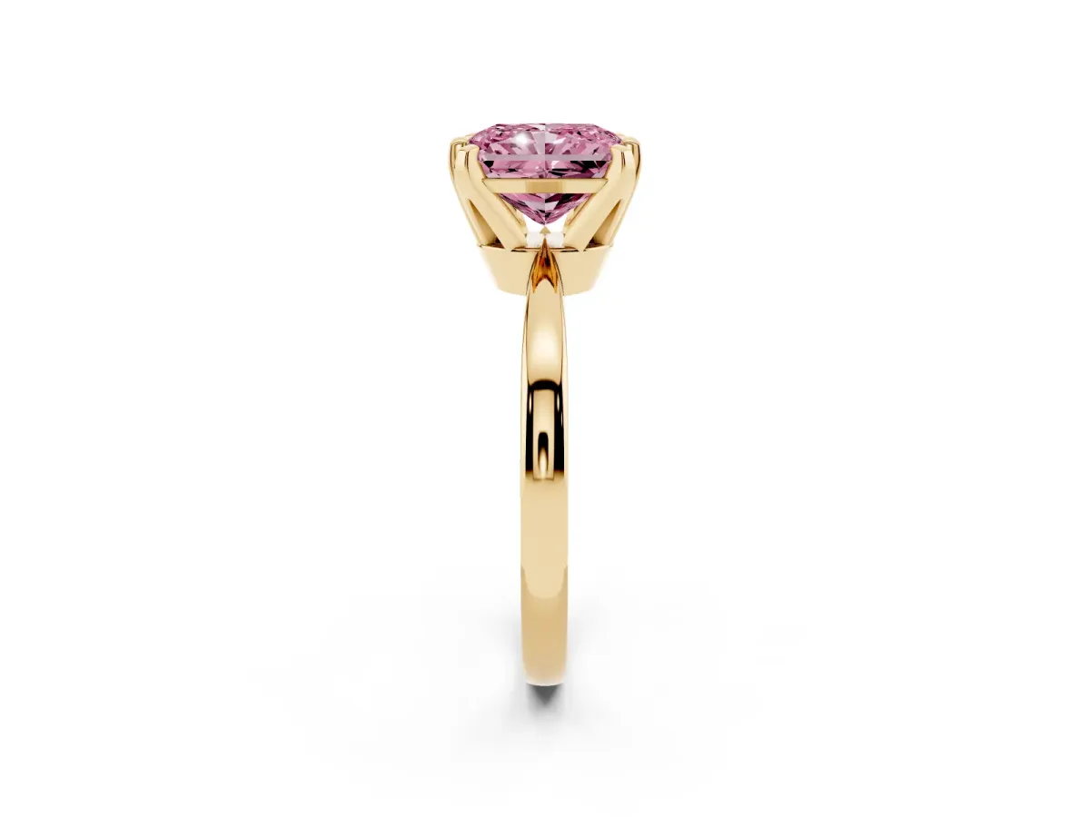 Fancy Pink Radiant Cut Solitaire Engagement Ring with Six-Prong Setting and Tapered Band Yellow gold