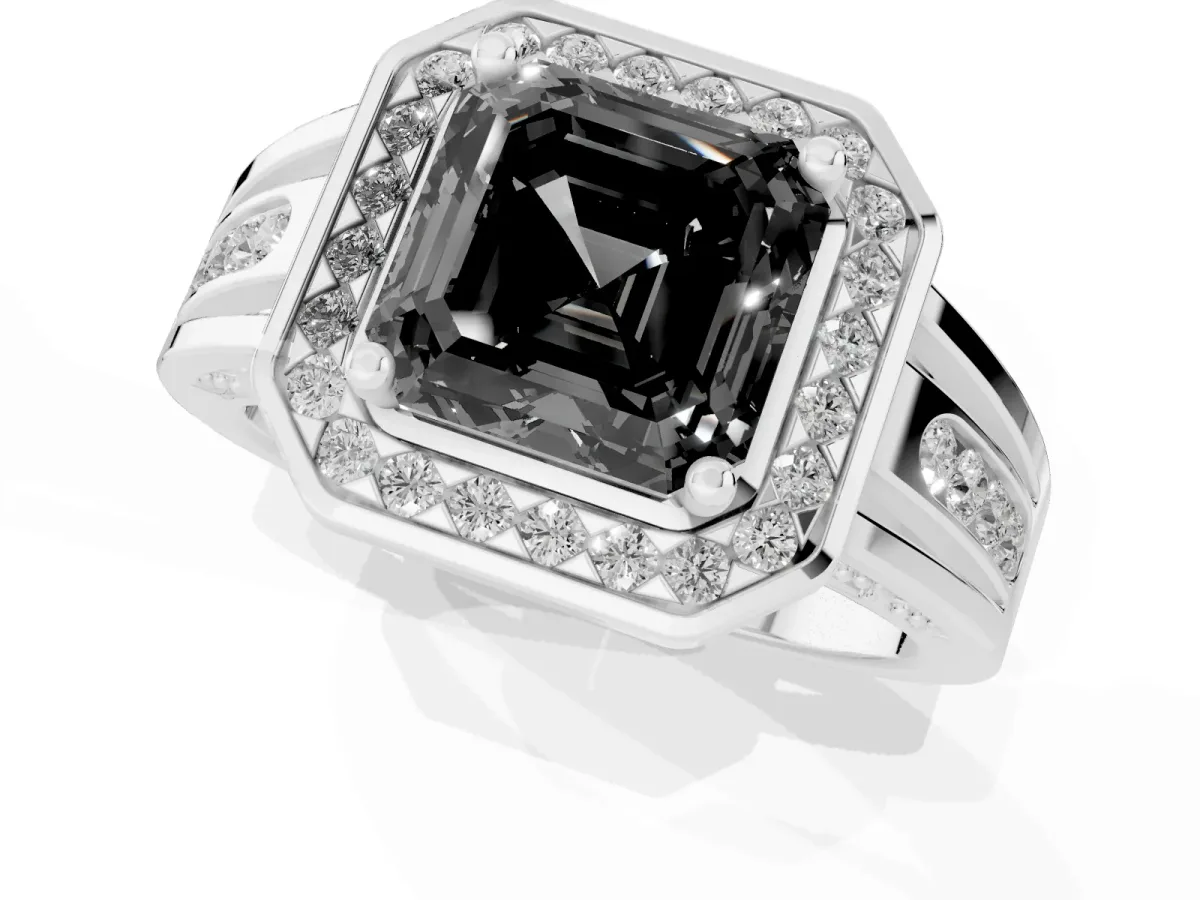 Fancy Black Asscher Cut Diamond Halo Ring with Split Shank and Bezel Accents and Prong Setting Silver