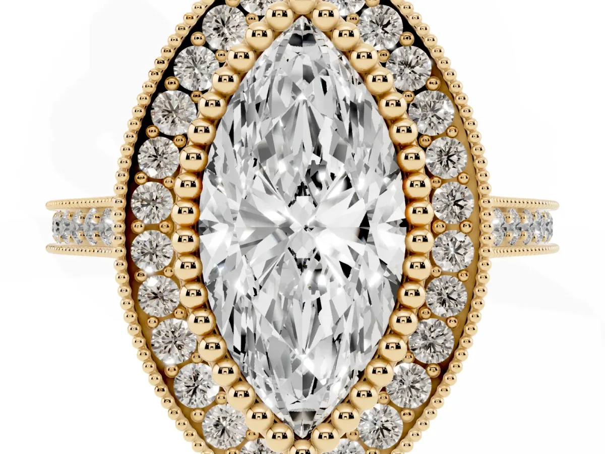 Marquise Cut Diamond Halo Ring with Milgrain Frame and Pavé Band Yellow gold