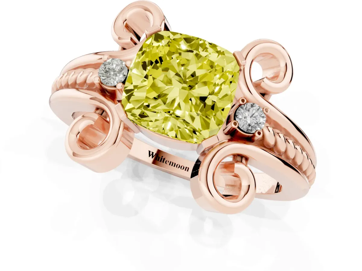 Fancy Yellow Cushion Cut Solitaire Twisted Band Scroll Prong Ring Rose gold