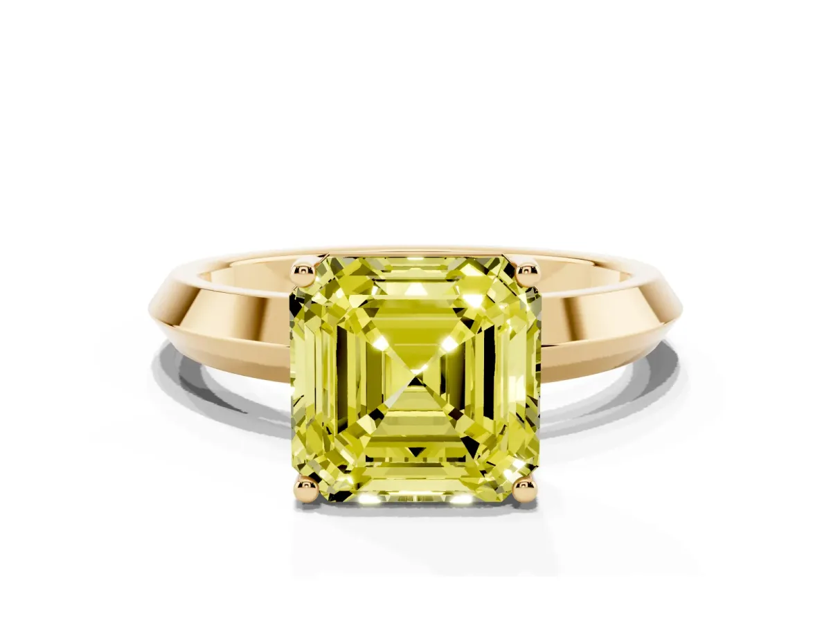 Fancy Yellow Asscher Cut Cut Solitaire Engagement Ring with Flat Band and Four-Prong Setting Yellow gold
