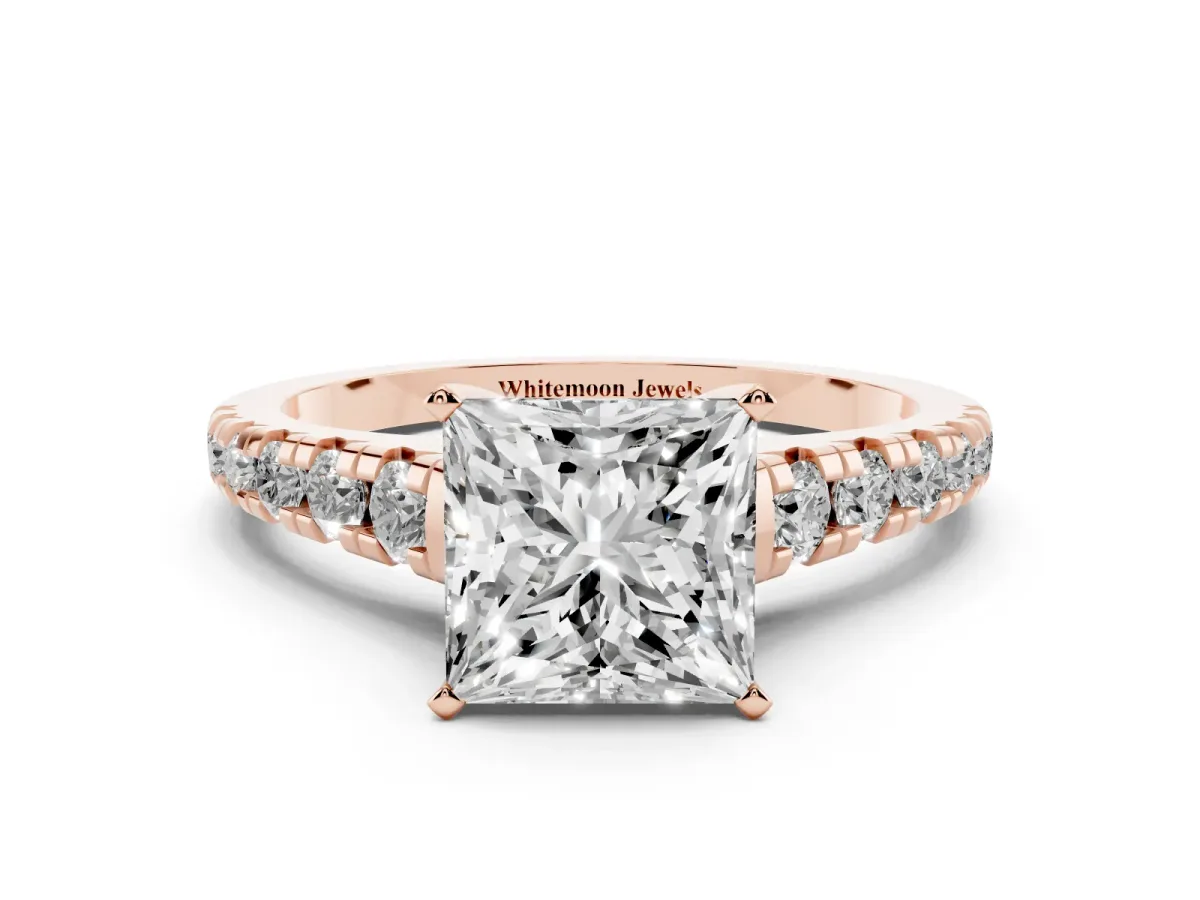Princess Cut Diamond Cathedral Solitaire Ring with Round Pavé Band Rose gold