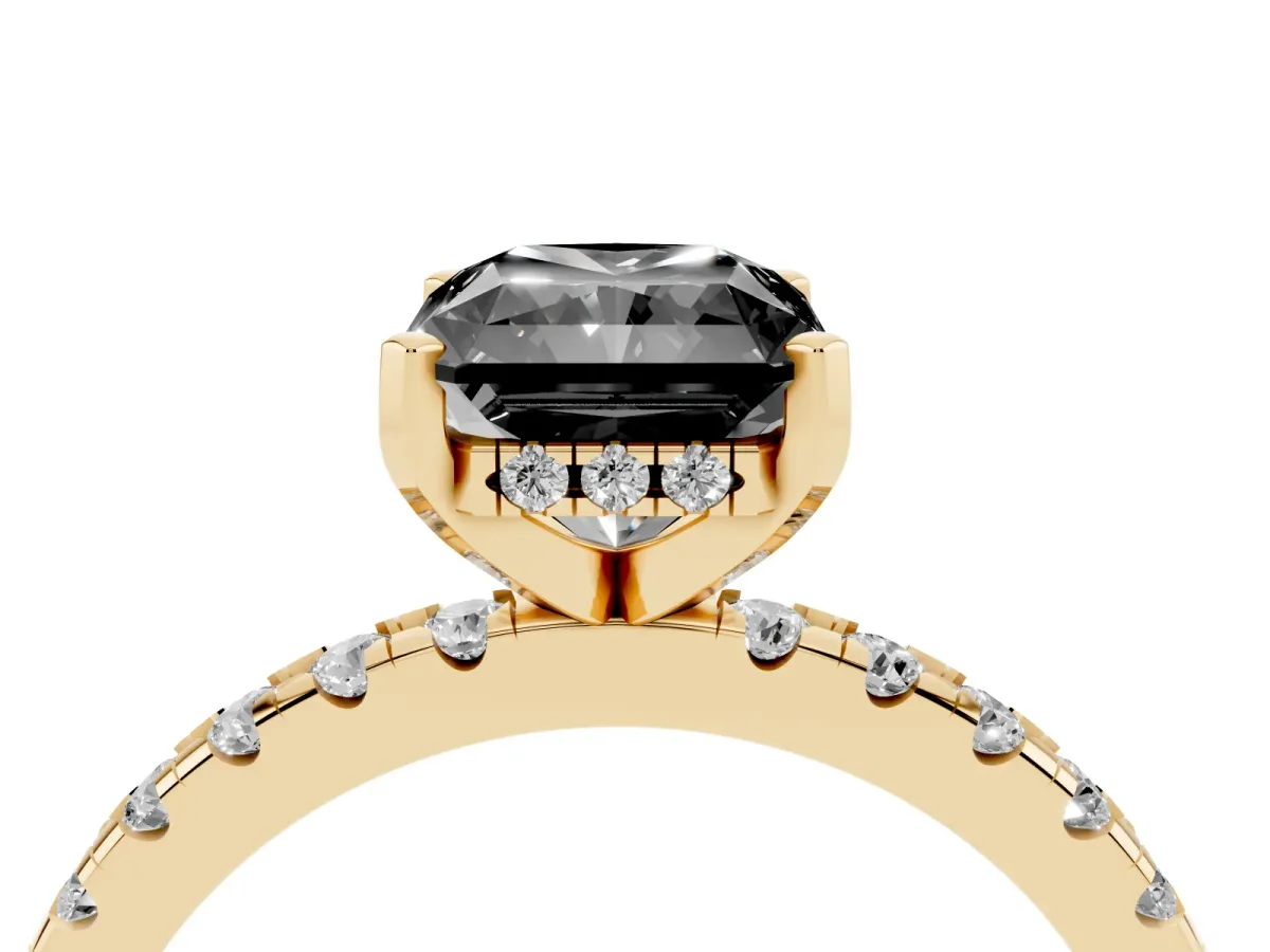 Fancy Black Radiant Cut Diamond Solitaire Ring with Round Pavé Band and Four-Prong Setting Yellow gold