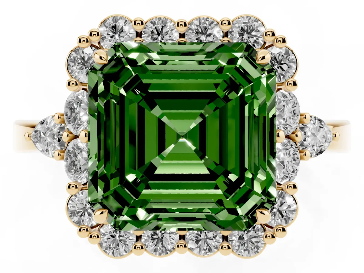 Fancy Green Asscher Cut Diamond Halo Ring with Pear Side Stones and Prong Setting Yellow gold