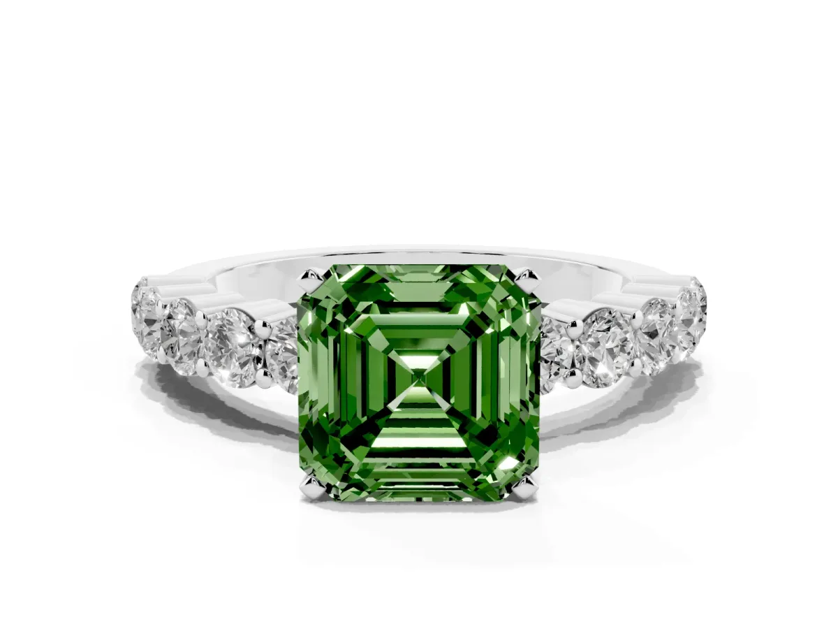 Fancy Green Asscher Cut Diamond Solitaire Ring with Shared Prong Round Side Stones Silver