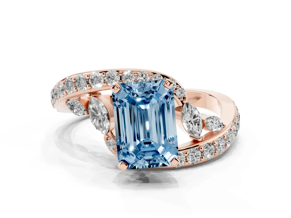 Fancy Blue Emerald Cut Solitaire with Pavé Twist Band and Four-Prong Setting Rose gold