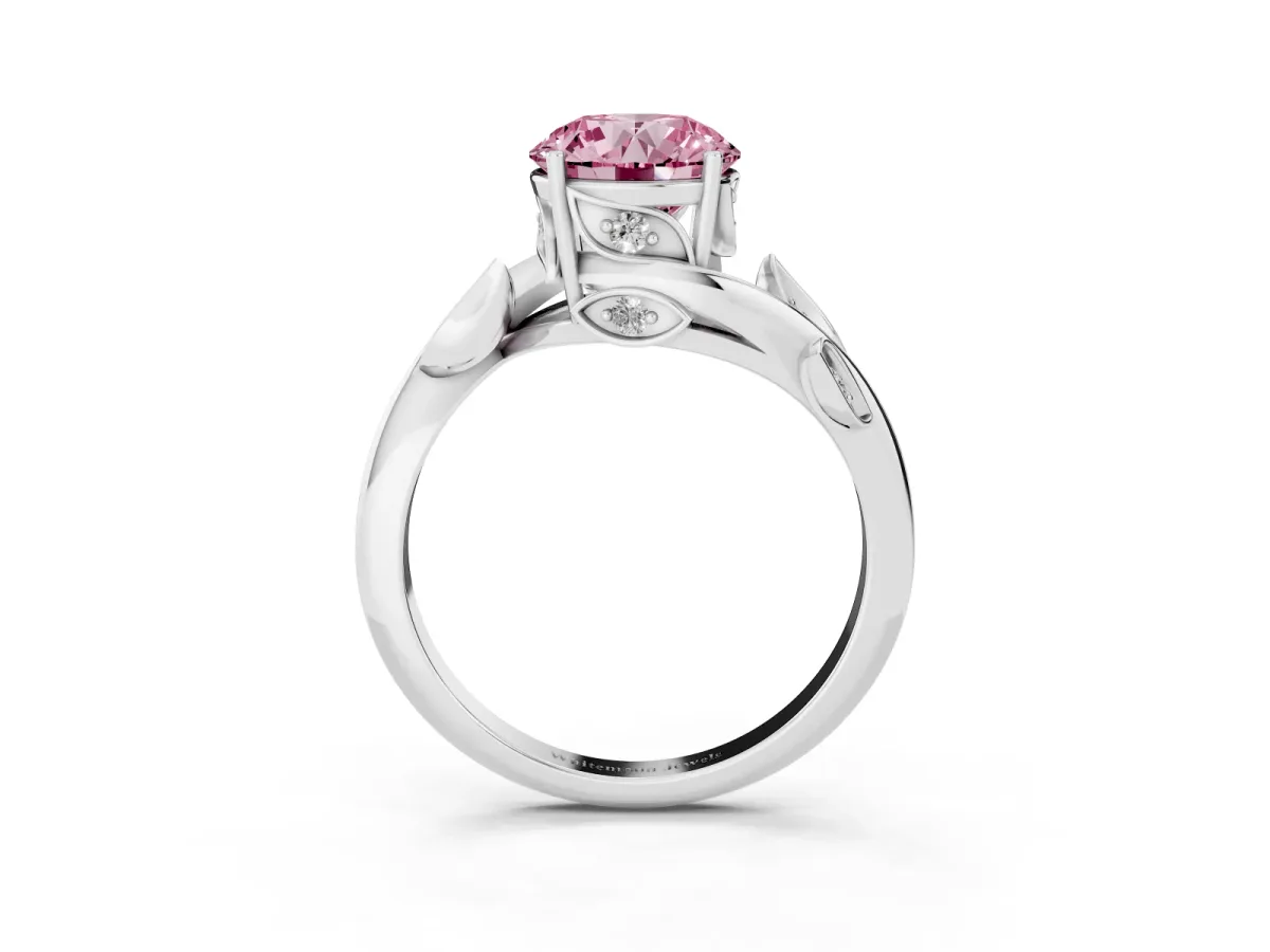 Fancy Pink Round Cut Solitaire Twist Engagement Ring with Leaf Accents and Prong Setting Silver