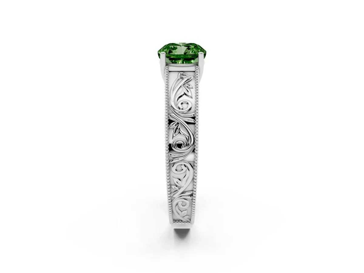 Fancy Green Cushion Cut Diamond Solitaire Ring with Engraved Band and Four-Prong Setting White gold