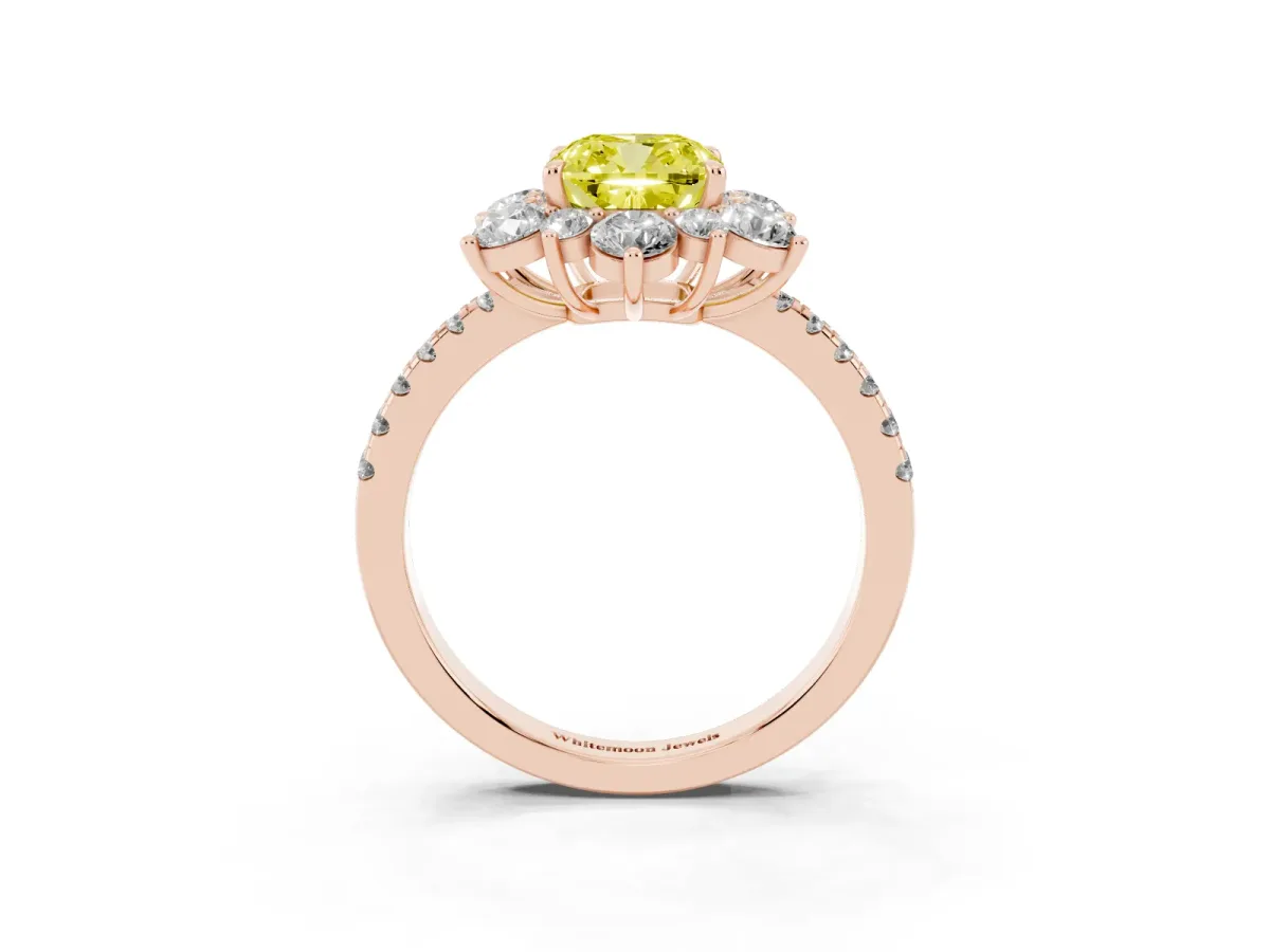 Fancy Yellow Cushion Cut Diamond Floral Halo Ring with Round Pavé Band and Prong Setting Rose gold