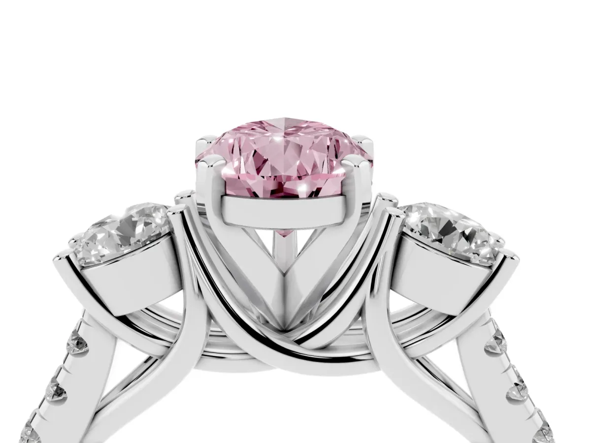 Fancy Pink Three-Stone Pear Cut Diamond Pavé Band with Four-Prong Setting Platinum