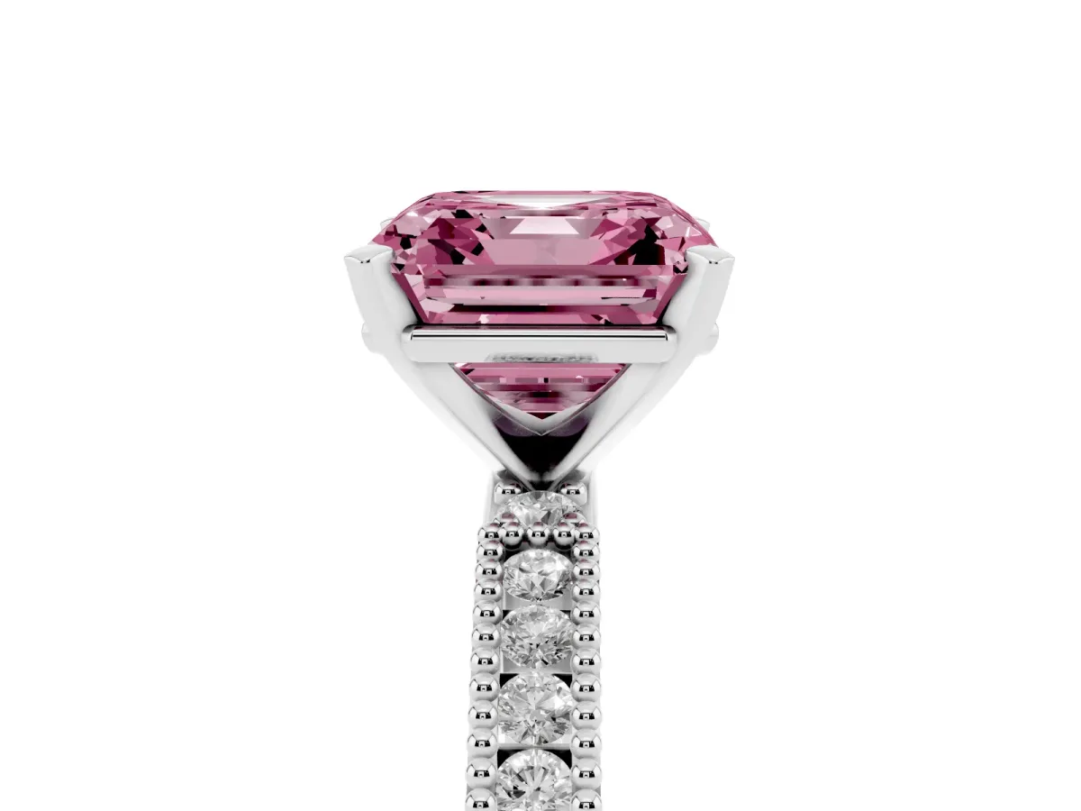 Fancy Pink Asscher Cut Solitaire with Pavé Band and Four-Prong Setting Silver