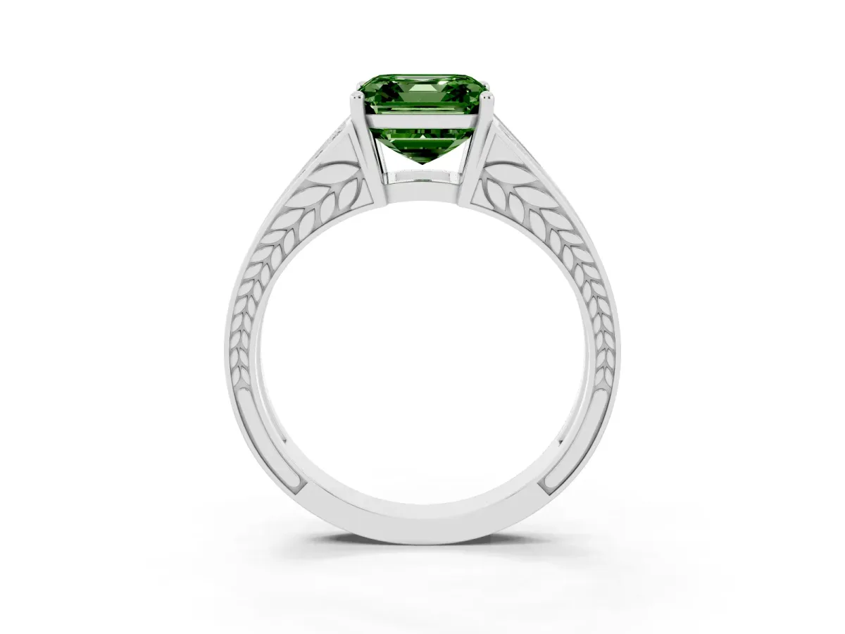 Fancy Green Asscher Cut Diamond Split Shank Ring with Pavé Band and Four-Prong Setting Silver