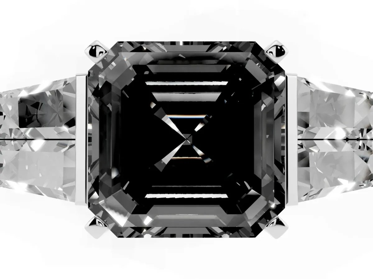 Fancy Black Asscher Cut Diamond Engagement Ring with Baguette Side Stones and Channel Set Band Silver
