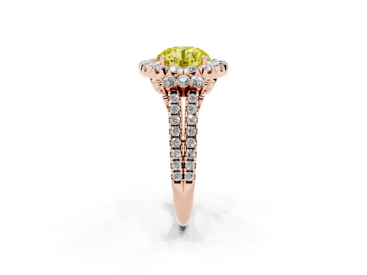 Fancy Yellow Round Cut Cut Double Halo Diamond Engagement Ring with Pave Band and Four-Prong Setting Rose gold