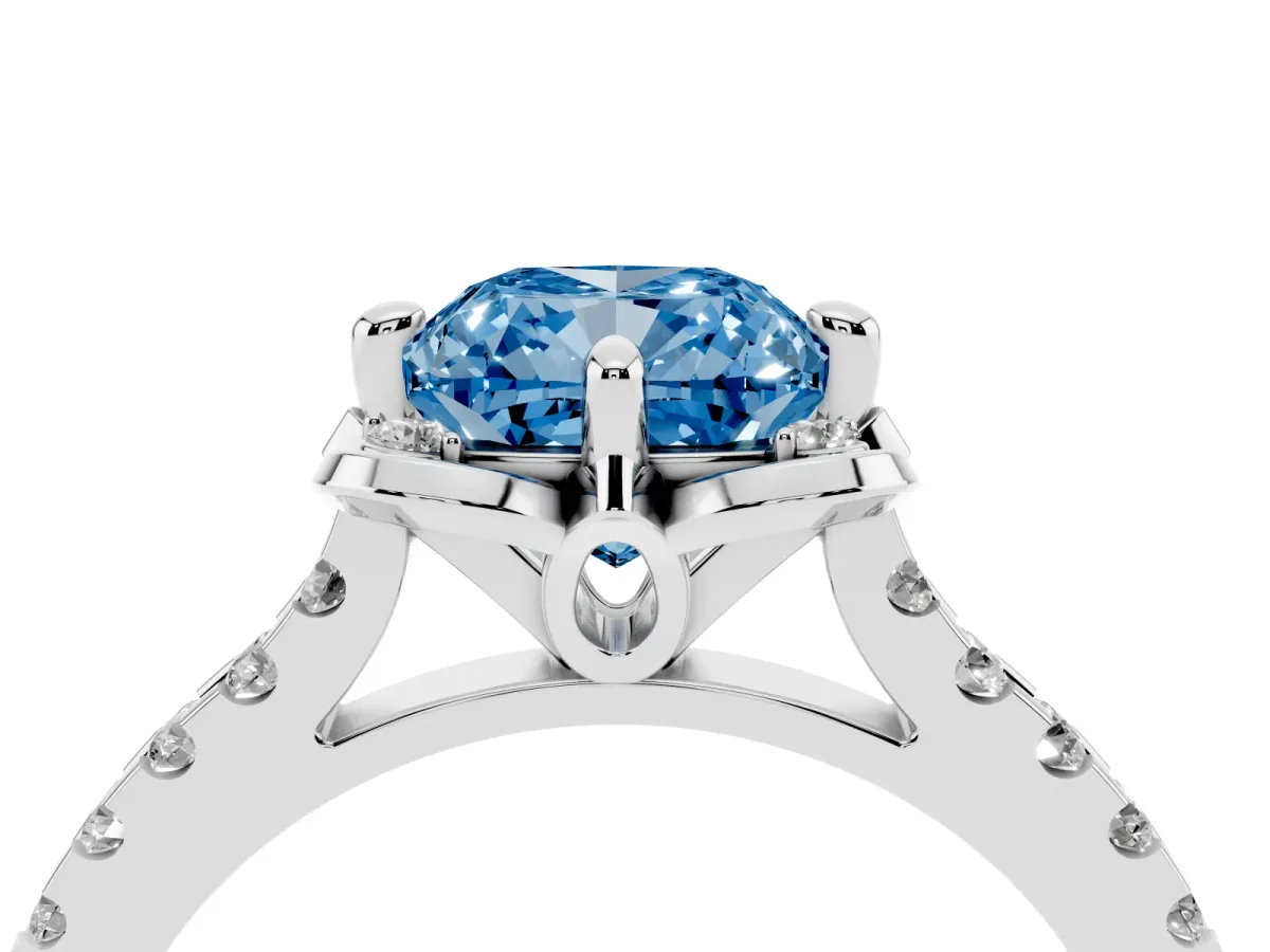 Fancy Blue Cushion Cut Diamond Ring with Pavé Band and Floral Prong Setting Silver