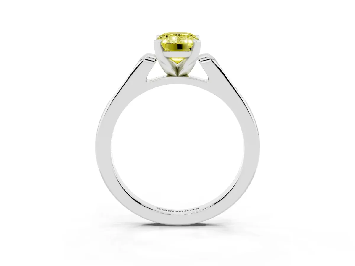 Fancy Yellow Emerald Cut Diamond Solitaire Ring with Channel Set Round Band and Prong Setting Silver