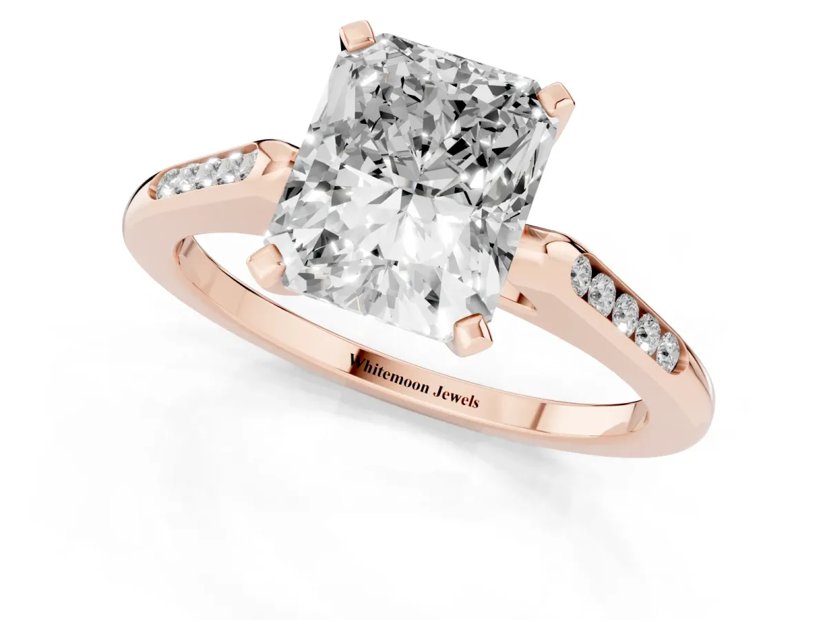 Radiant Cut Diamond Solitaire Ring with Channel Set Round Band and Prong Setting Rose gold