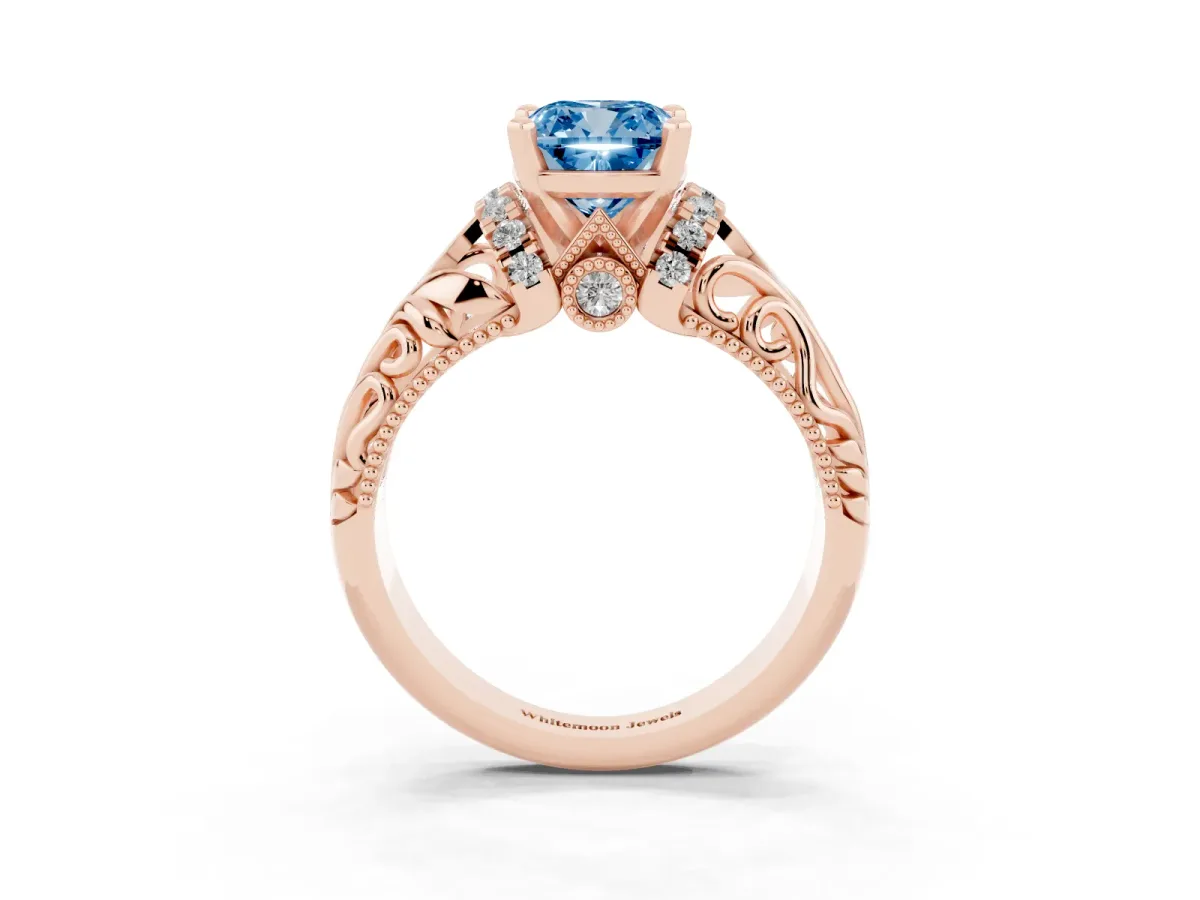 Fancy Blue Cushion Cut Solitaire Filigree Engagement Ring with Halo and Prong Setting Rose gold