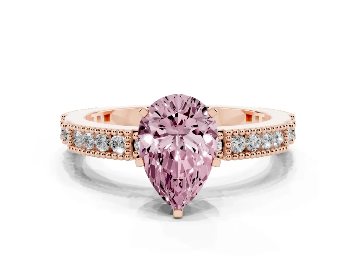 Fancy Pink Pear Cut Solitaire with Pavé Band and Four-Prong Setting Rose gold