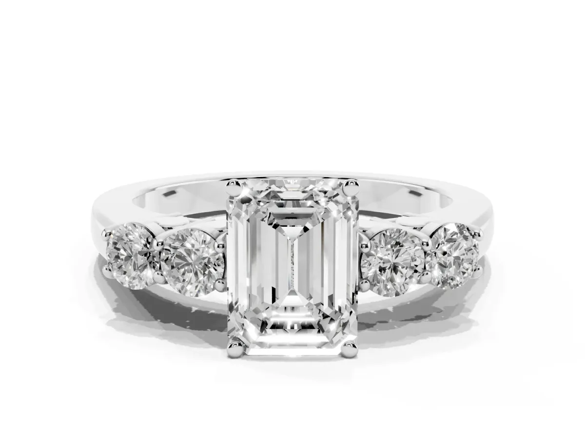 Emerald Cut Cut Diamond Five-Stone Prong Set White Gold Ring Silver