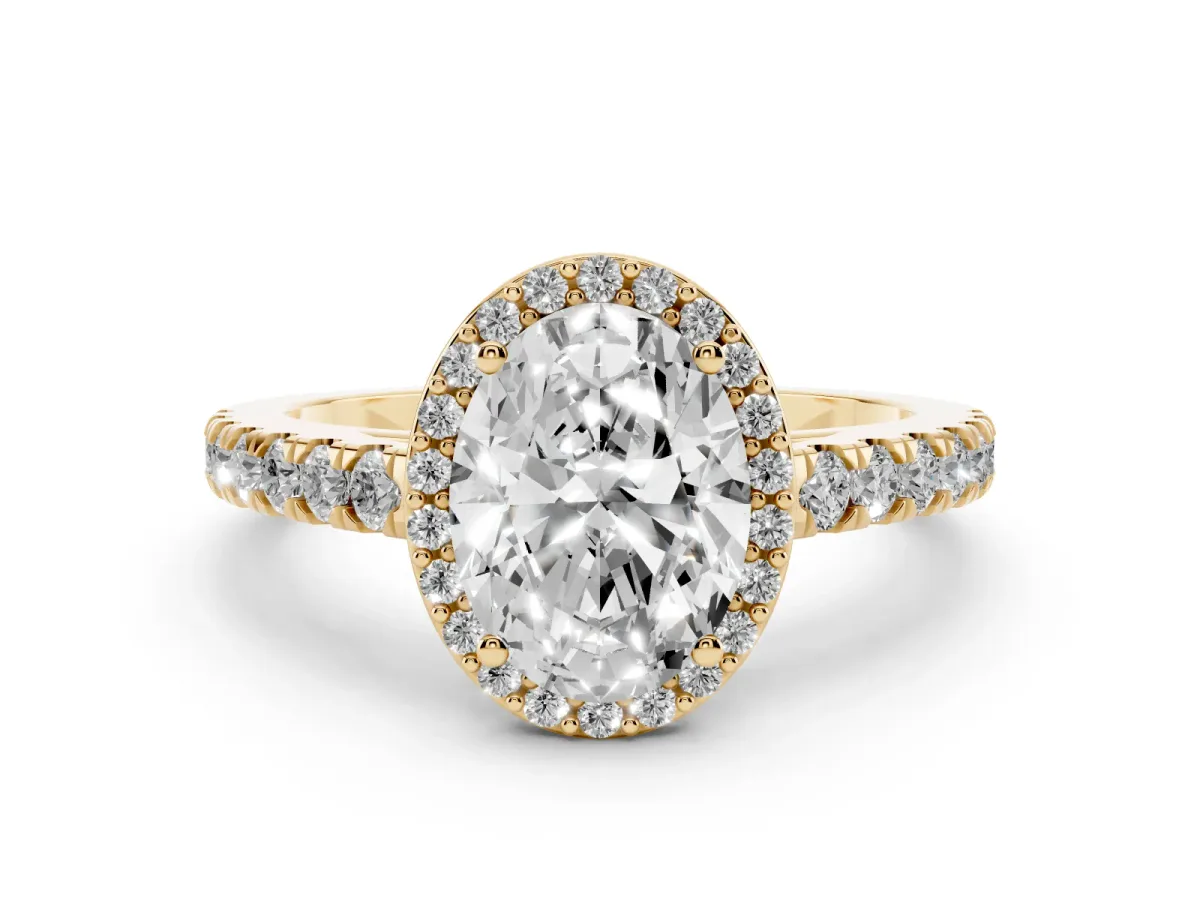 Oval Cut Cut Halo Diamond Engagement Ring with Pave Band and Four-Prong Setting Yellow gold