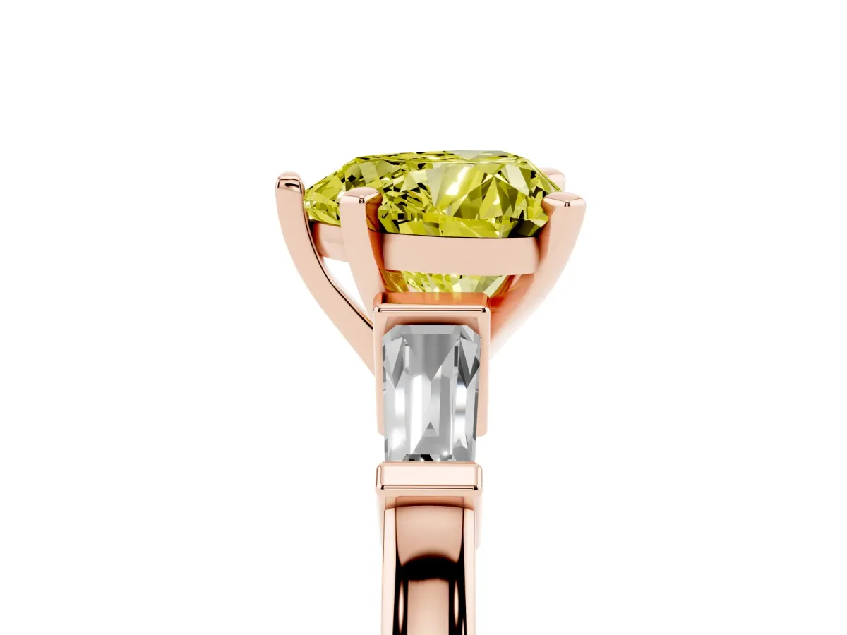 Fancy Yellow Heart Cut Cut Diamond Solitaire Ring with Tapered Baguette Accents and Four-Prong Setting Rose gold