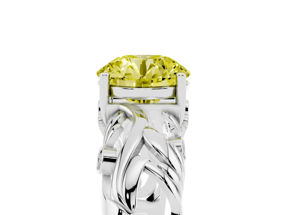 Fancy Yellow Round Cut Solitaire Diamond Leaf-Inspired Vine Band Ring with Prong Setting Silver