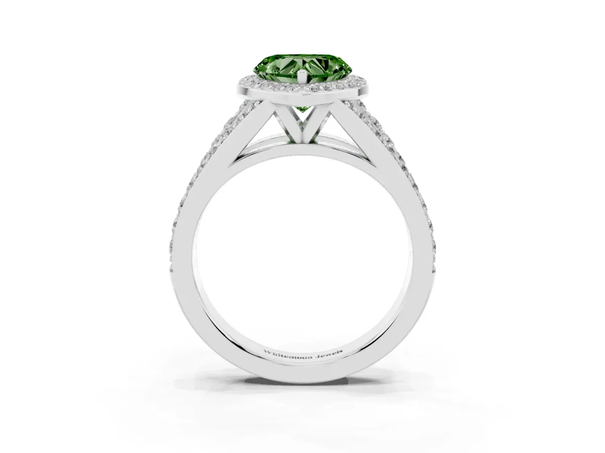 Fancy Green Heart Cut Diamond Split Shank Halo Ring with Four-Prong Setting Silver