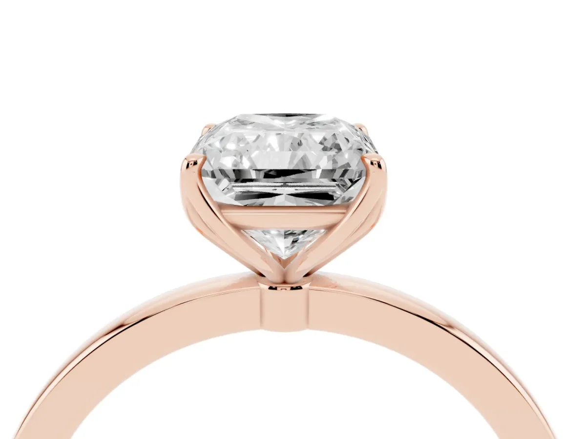 Radiant Cut Diamond Solitaire Ring with Thin Band and Prong Setting Rose gold