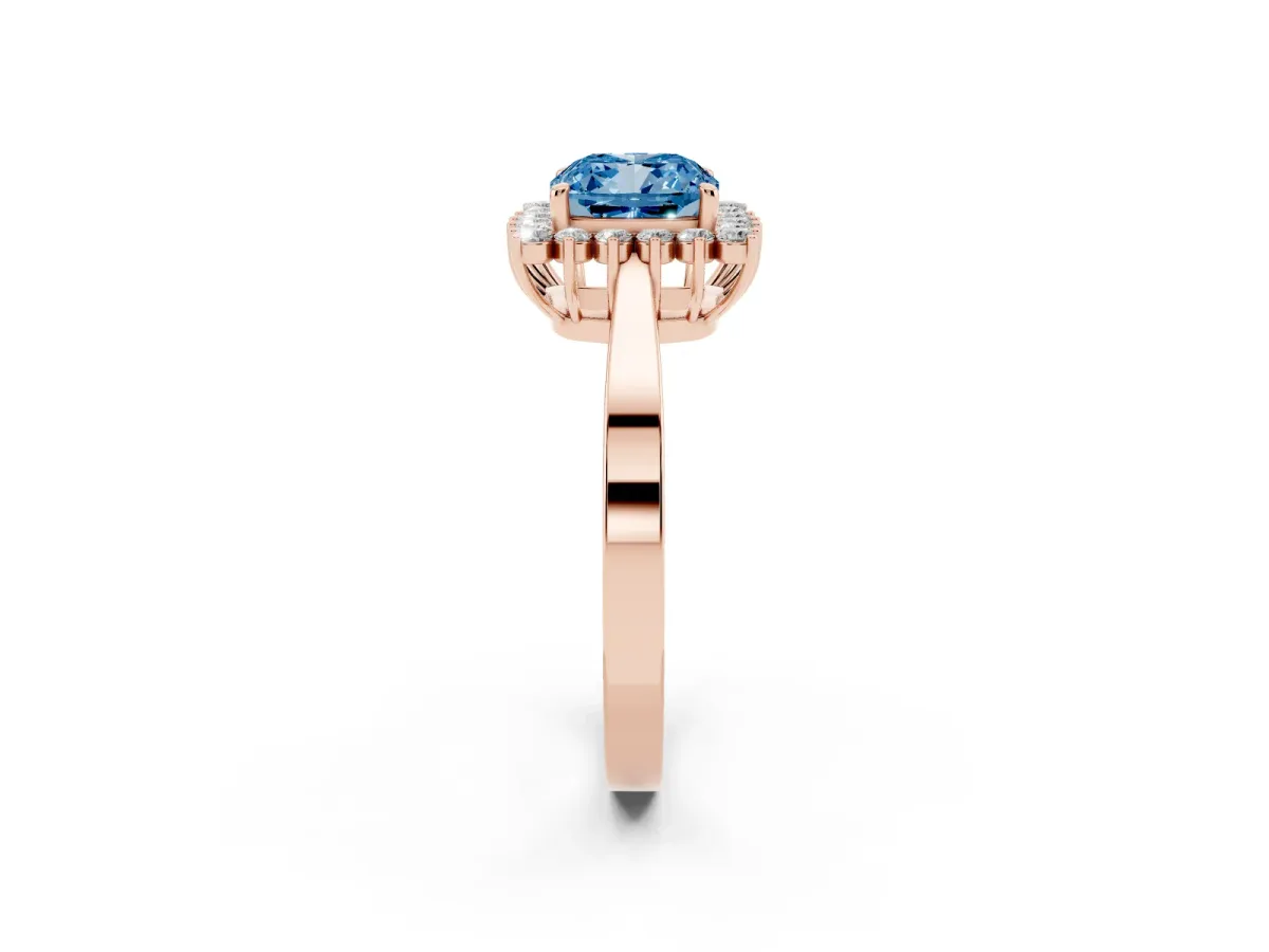 Fancy Blue Cushion Cut Cut Diamond Halo Ring with Round Brilliant Halo and Solitaire Band Rose gold
