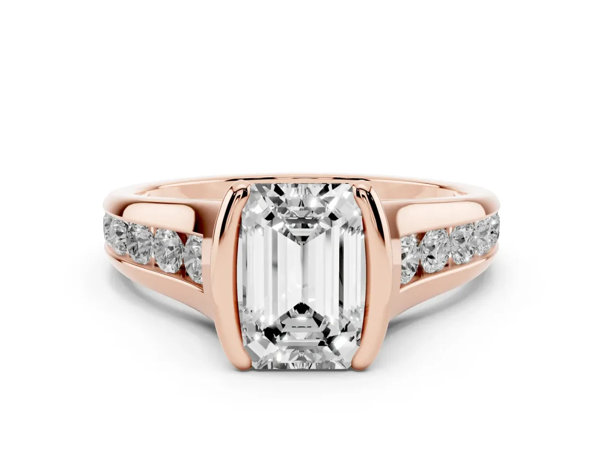 Emerald Cut Solitaire Bezel-Set Diamond Ring with Channel-Set Band Rose gold