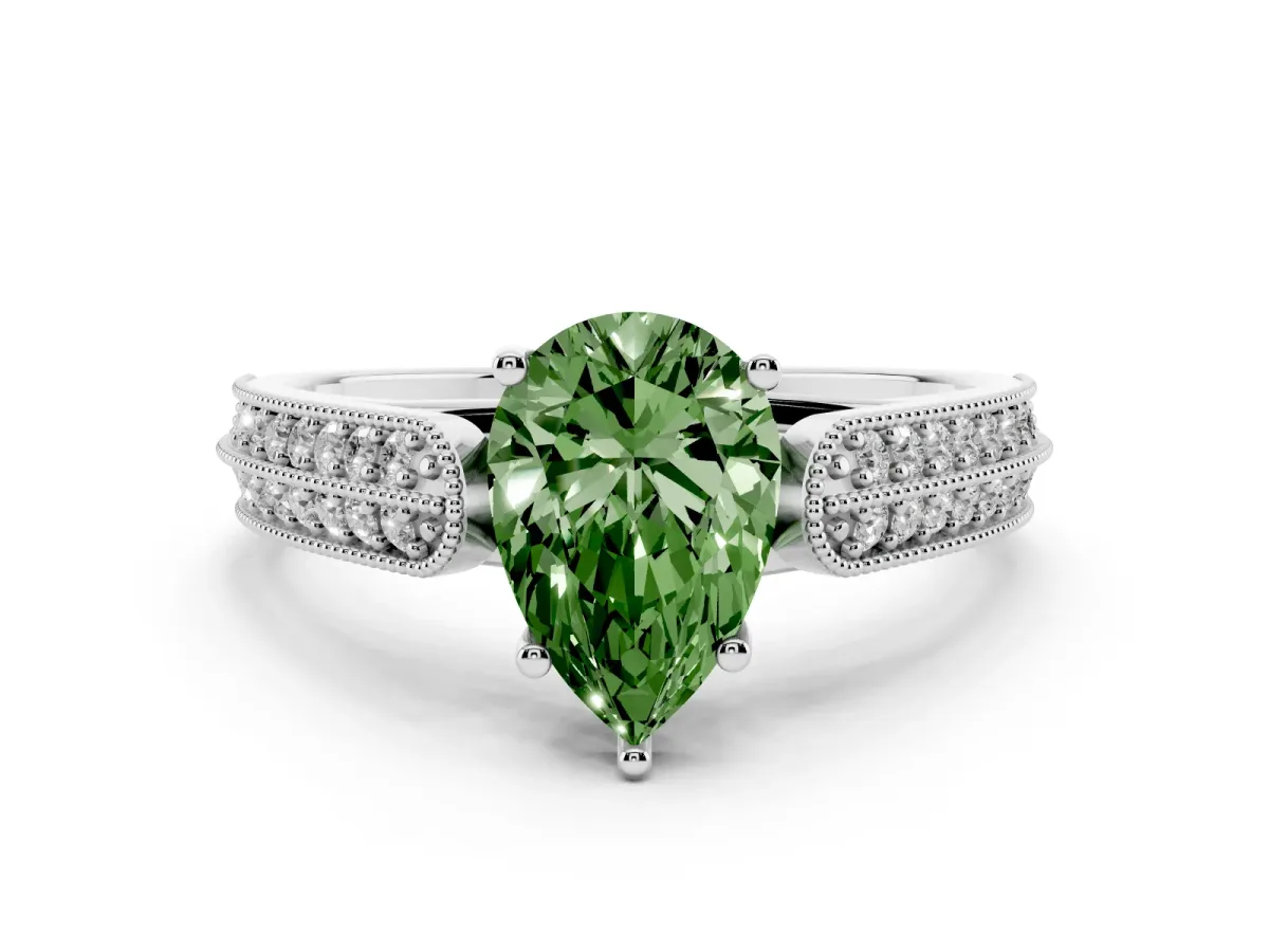 Fancy Green Pear Cut Cut Pave Split Shank Engagement Ring with Four-Prong Setting Silver