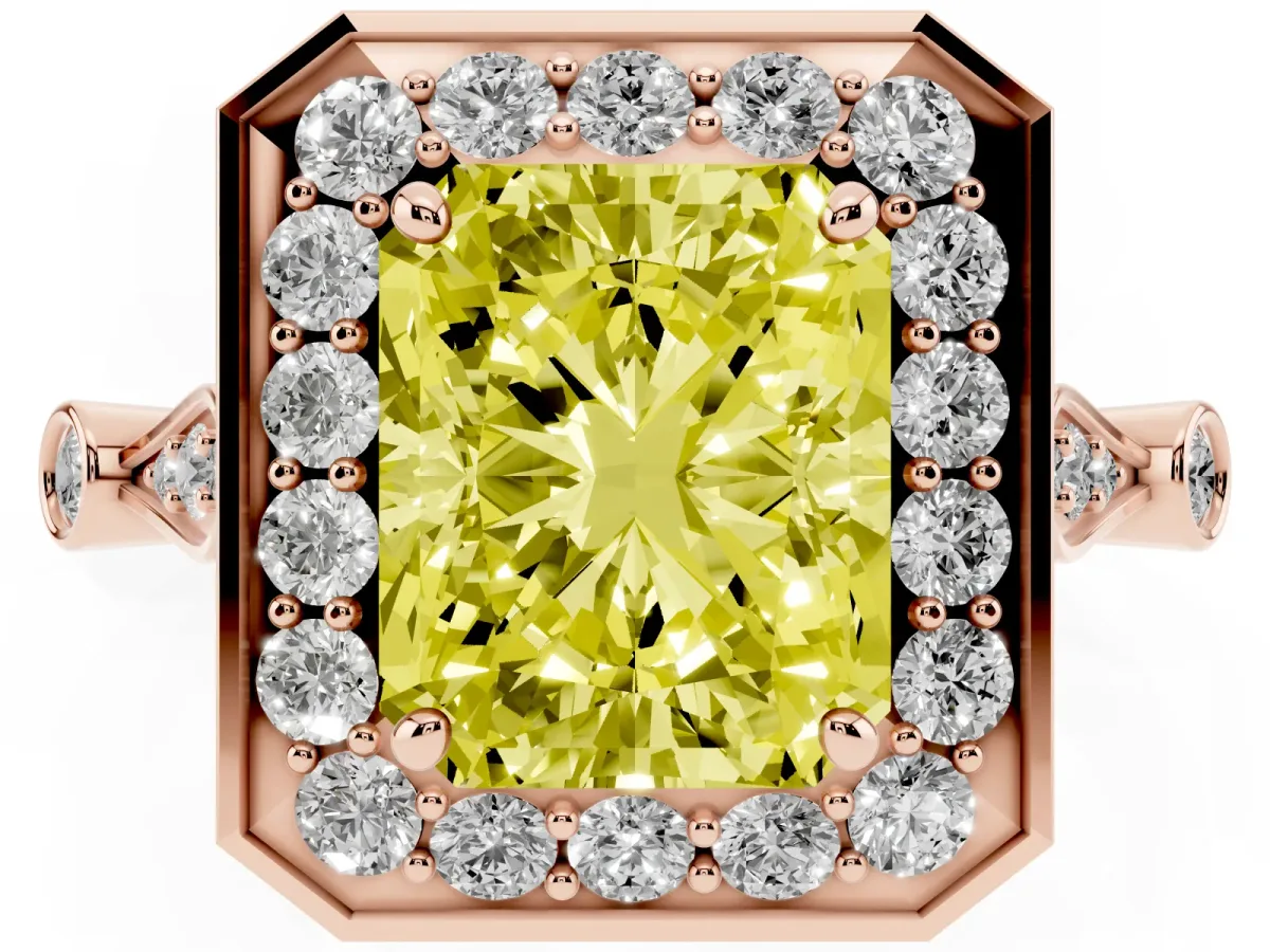 Fancy Yellow Radiant Cut Halo Diamond Engagement Ring with Twisted Band and Four-Prong Setting Rose gold