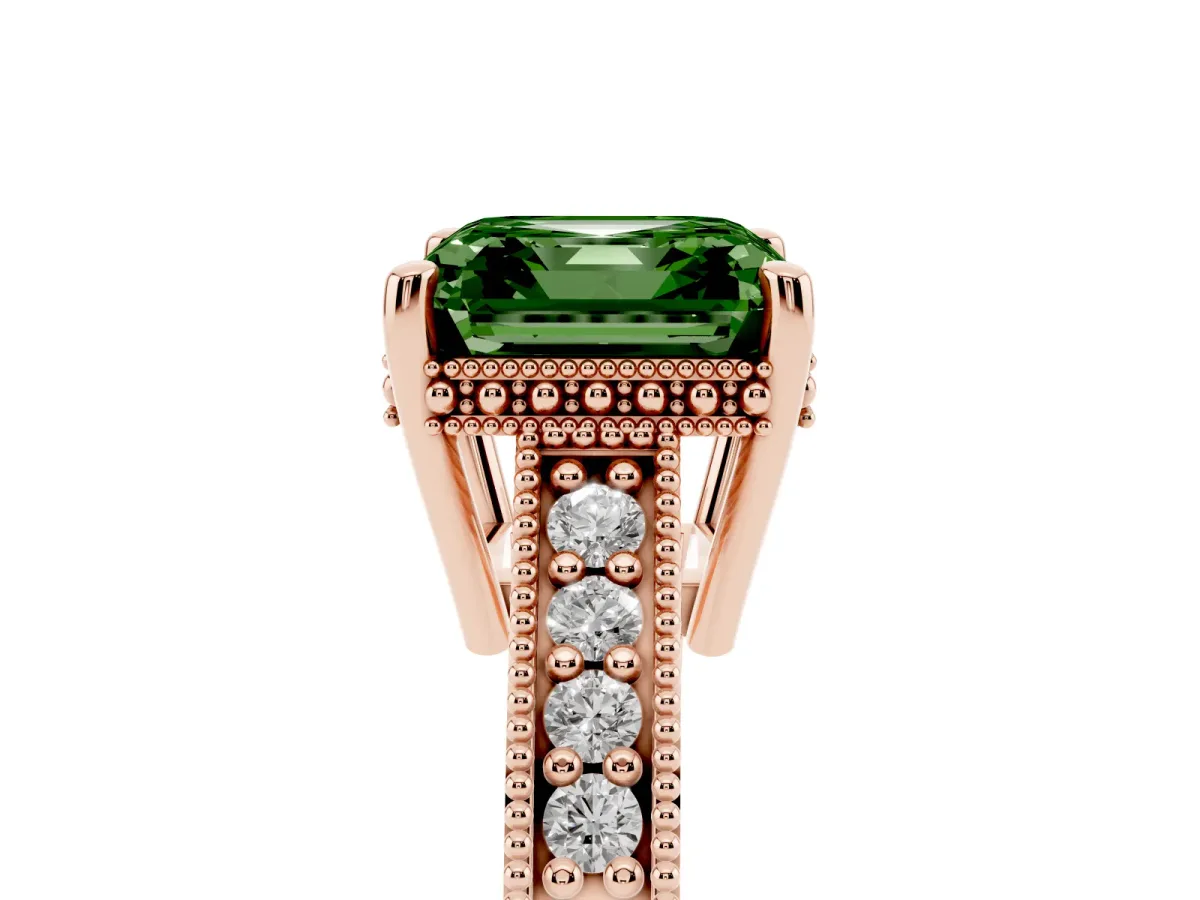 Fancy Green Asscher Cut Solitaire Pavé Diamond Milgrain Engagement Ring with Four-Prong Setting Rose gold