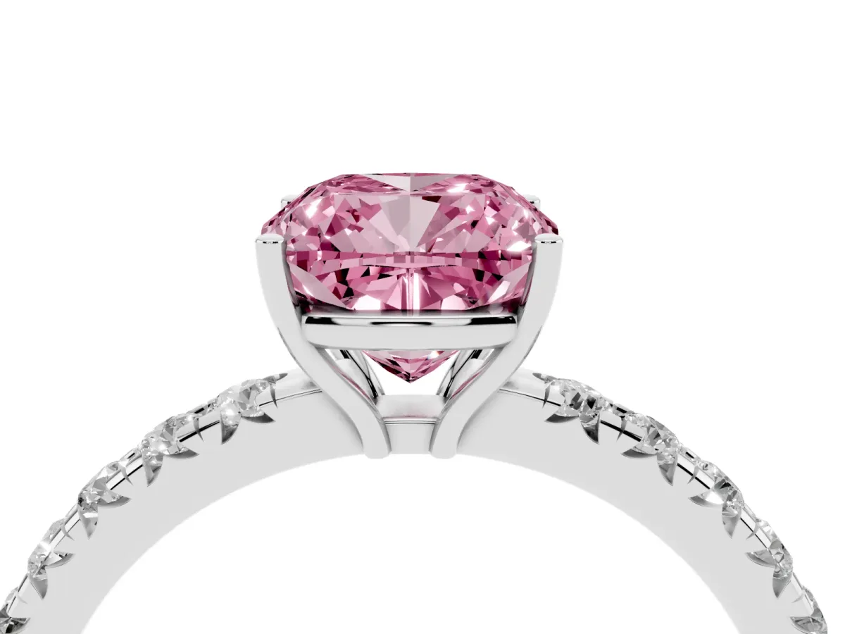 Fancy Pink Cushion Cut Diamond Pavé Solitaire Engagement Ring with Four-Prong Setting Silver