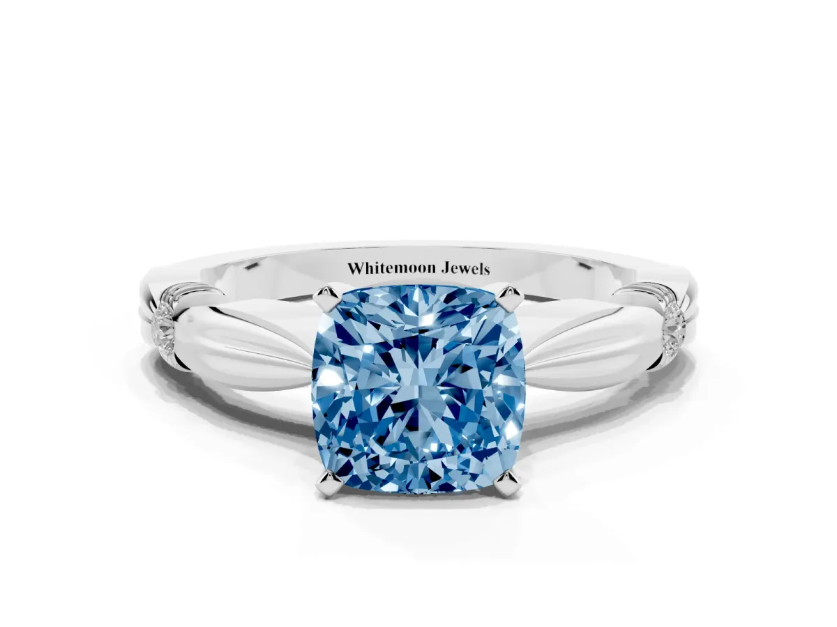 Fancy Blue Cushion Cut Solitaire Diamond Twisted Band with Four-Prong Setting Silver