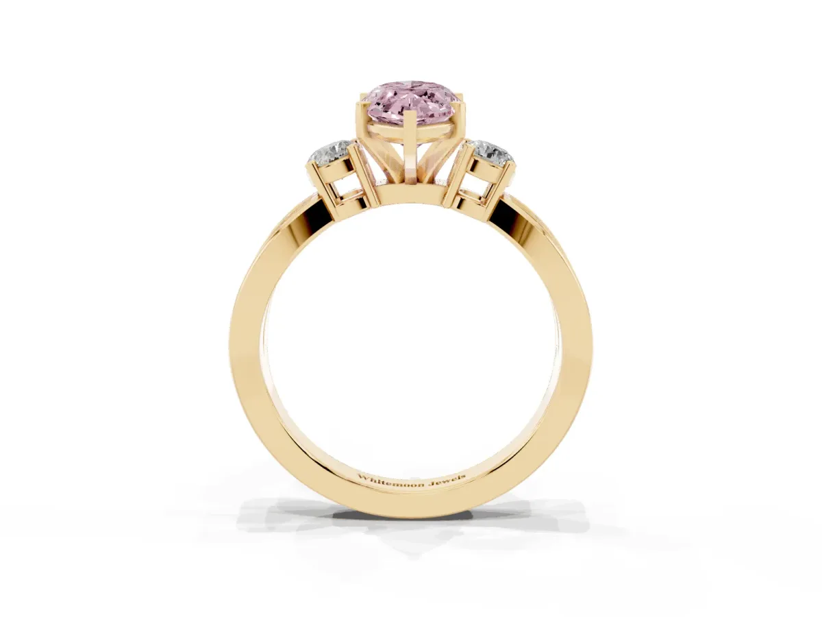 Fancy Pink Three-Stone Marquise Cut Cut Diamond Twist Band with Prong Setting Yellow gold