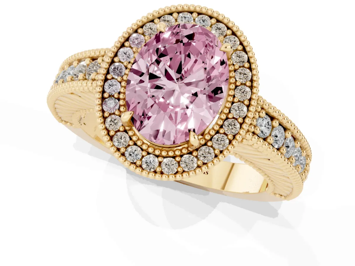 Fancy Pink Oval Cut Cut Halo Diamond Ring with Pavé Band and Four-Prong Setting Yellow gold