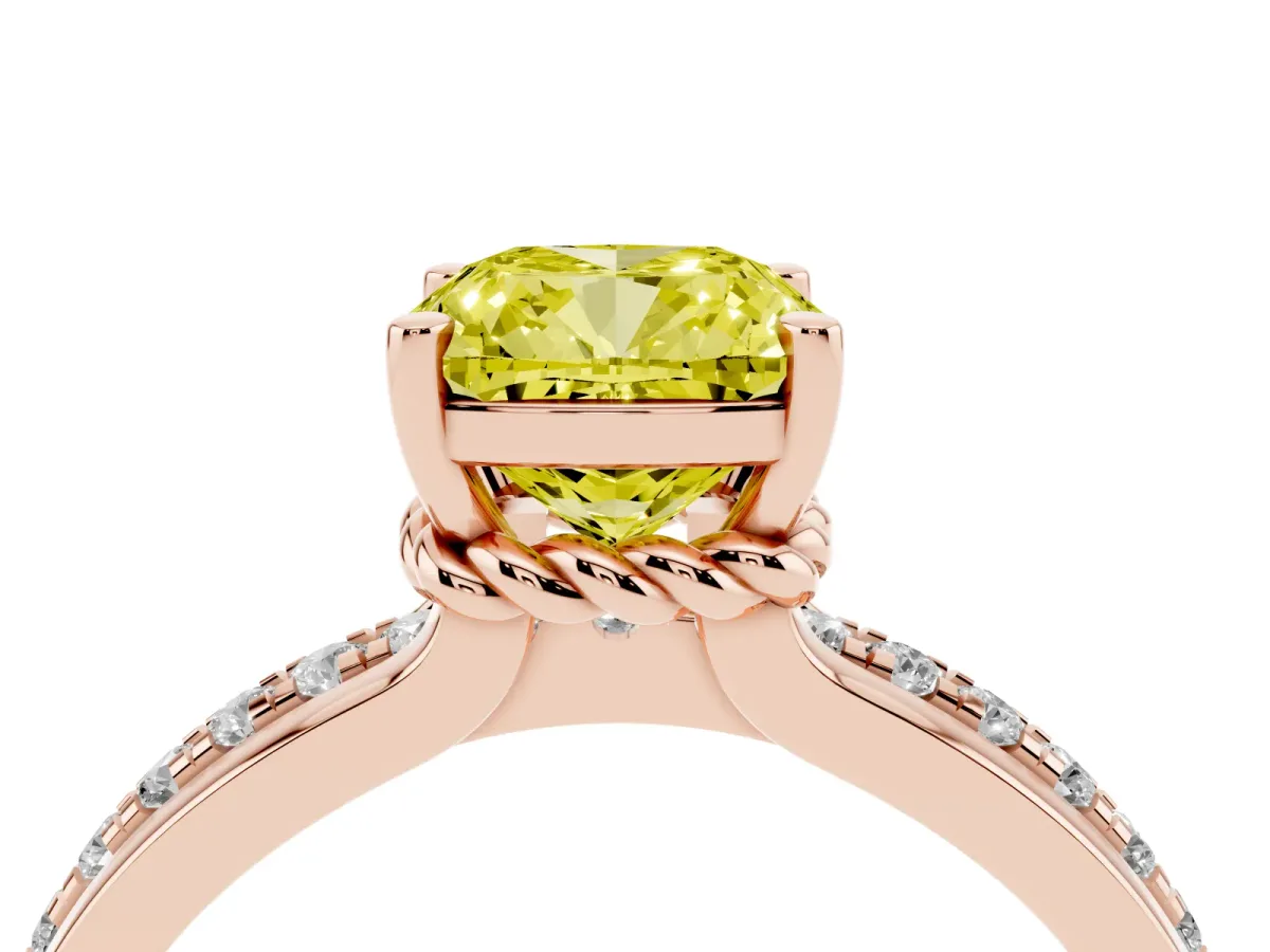 Fancy Yellow Cushion Cut Solitaire Diamond Ring with Channel Set Band and Six-Prong Setting Rose gold
