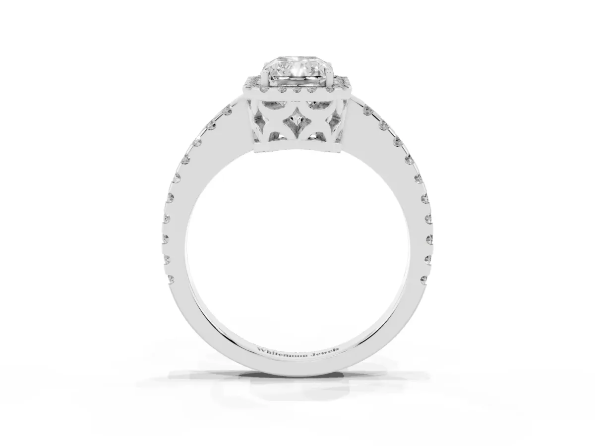 Radiant Cut Diamond Halo Engagement Ring with Pavé Band and Prong Setting Silver