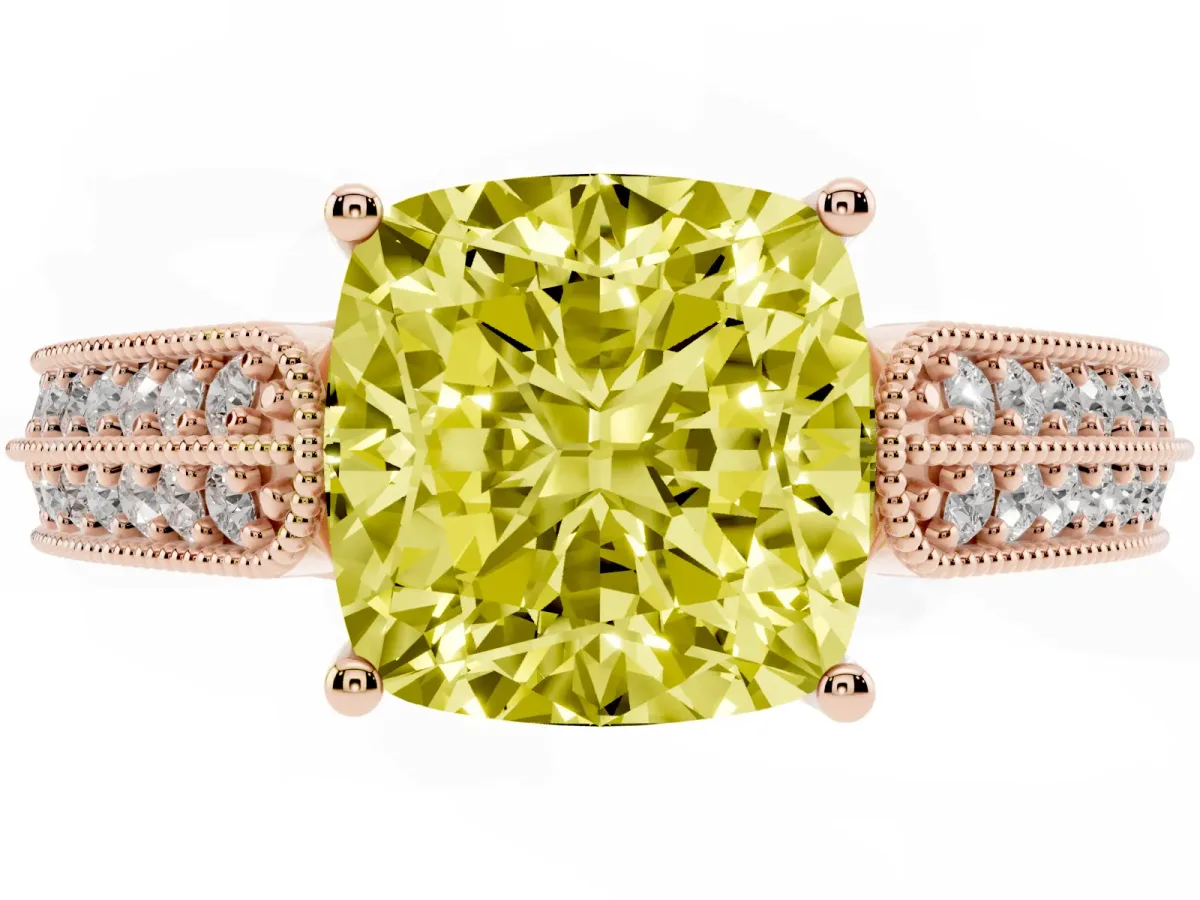 Fancy Yellow Cushion Cut Cut Pave Split Shank Engagement Ring with Four-Prong Setting Rose gold