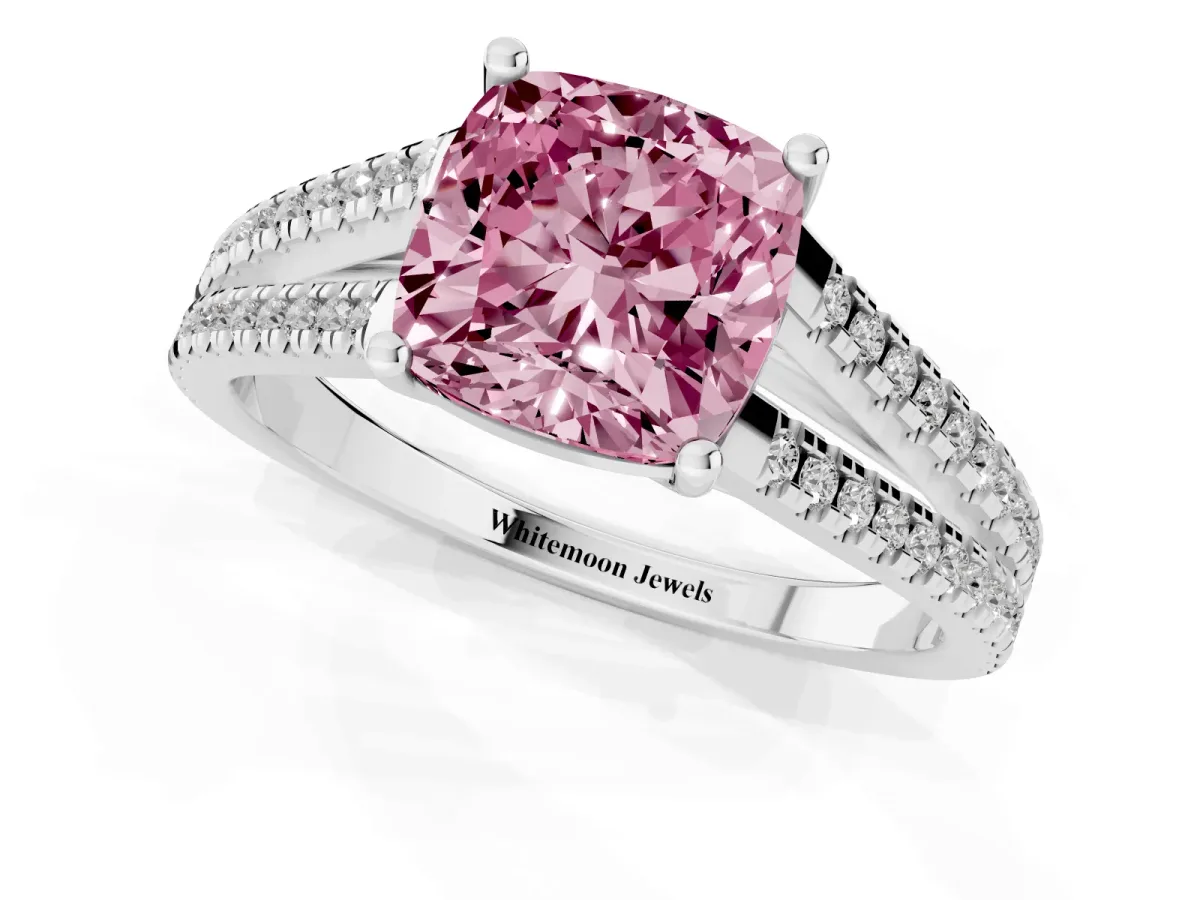 Fancy Pink Cushion Cut Diamond Solitaire Engagement Ring with Split Shank Pavé Band Silver