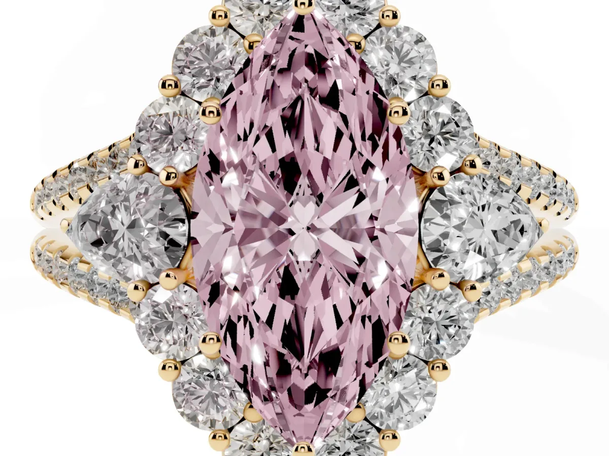 Fancy Pink Marquise Cut Halo Split Shank Diamond Engagement Ring with Prong Setting Yellow gold
