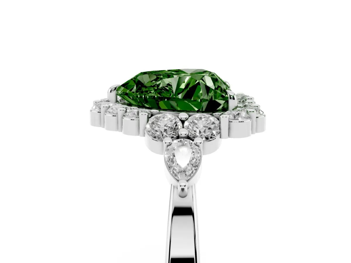 Fancy Green Heart Cut Diamond Halo Ring with Pear Side Stones and Prong Setting Silver
